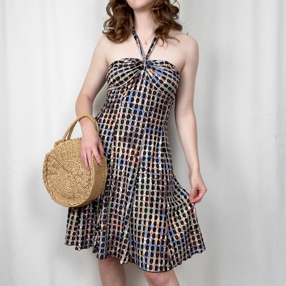 Vintage Multicolor Halter Knit Jersey A-Line Fit & Flare Mini Midi Summer Dress - Picture 8 of 8